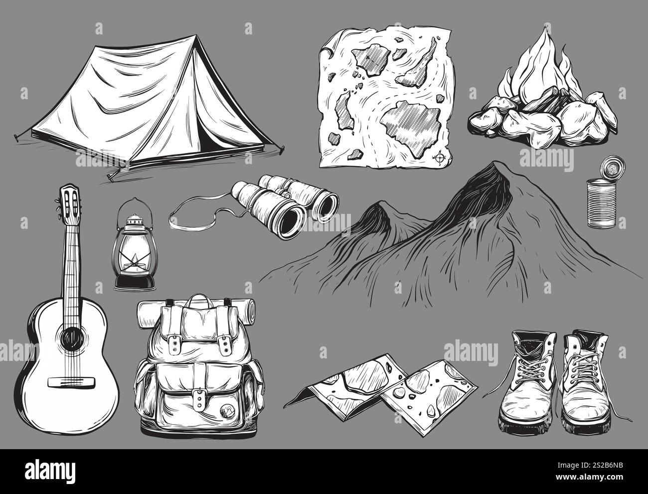 Tenda clipart da campeggio, fuoco, zaino, chitarra in stile doodle. Serie di illustrazioni vettoriali in stile lineare inchiostro lanterna cherosene, latta, mappa, montagna Illustrazione Vettoriale