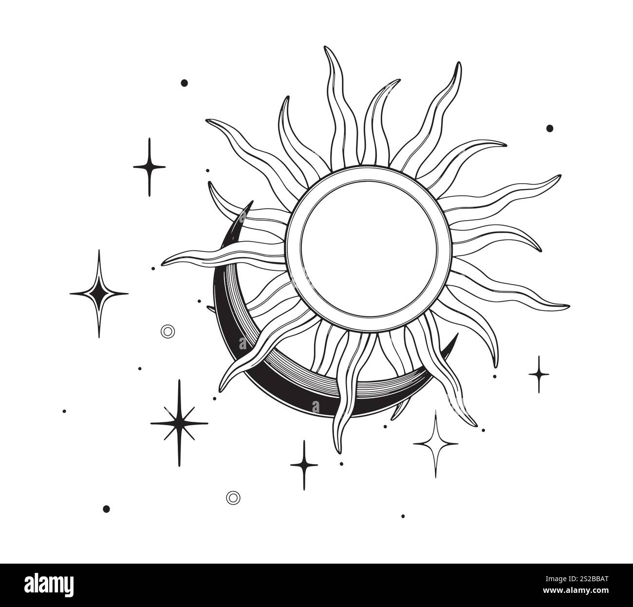 Icone Boho Sun Moon Stars. Composizione esoterica celeste minimale per logo, tatuaggi e set di sole. Illustrazione vettoriale nello stile di disegno lineare attivato Illustrazione Vettoriale