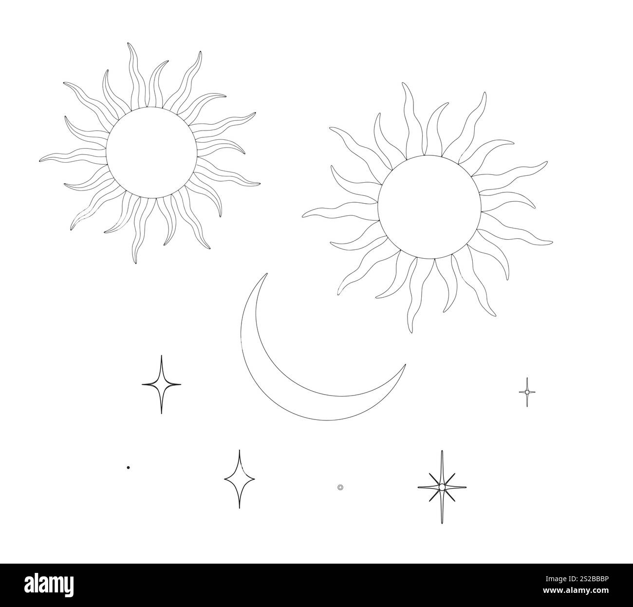 Serie di icone Sole e Luna. Clipart esoterico celeste minimalista per logo, tatuaggi e set di sole. Illustrazione vettoriale nello stile di disegno lineare attivato Illustrazione Vettoriale