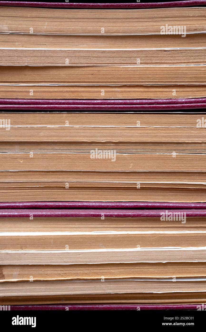 Vista frontale ravvicinata dei libri impilati e delle relative pagine Foto Stock