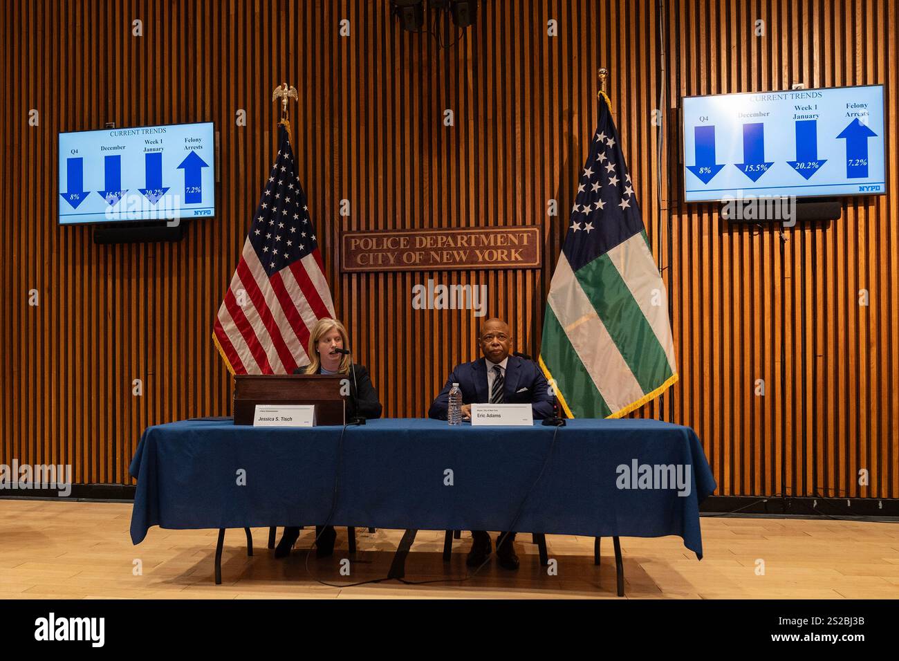 New York, New York, Stati Uniti. 6 gennaio 2025. La Commissaria di polizia Jessica S. Tisch parla durante un briefing stampa sulle statistiche sul crimine di fine anno 2024 in tutta la città presso One Police Plaza di New York, alla presenza del sindaco Eric Adams. (Credit Image: © Lev Radin/Pacific Press via ZUMA Press Wire) SOLO PER USO EDITORIALE! Non per USO commerciale! Foto Stock