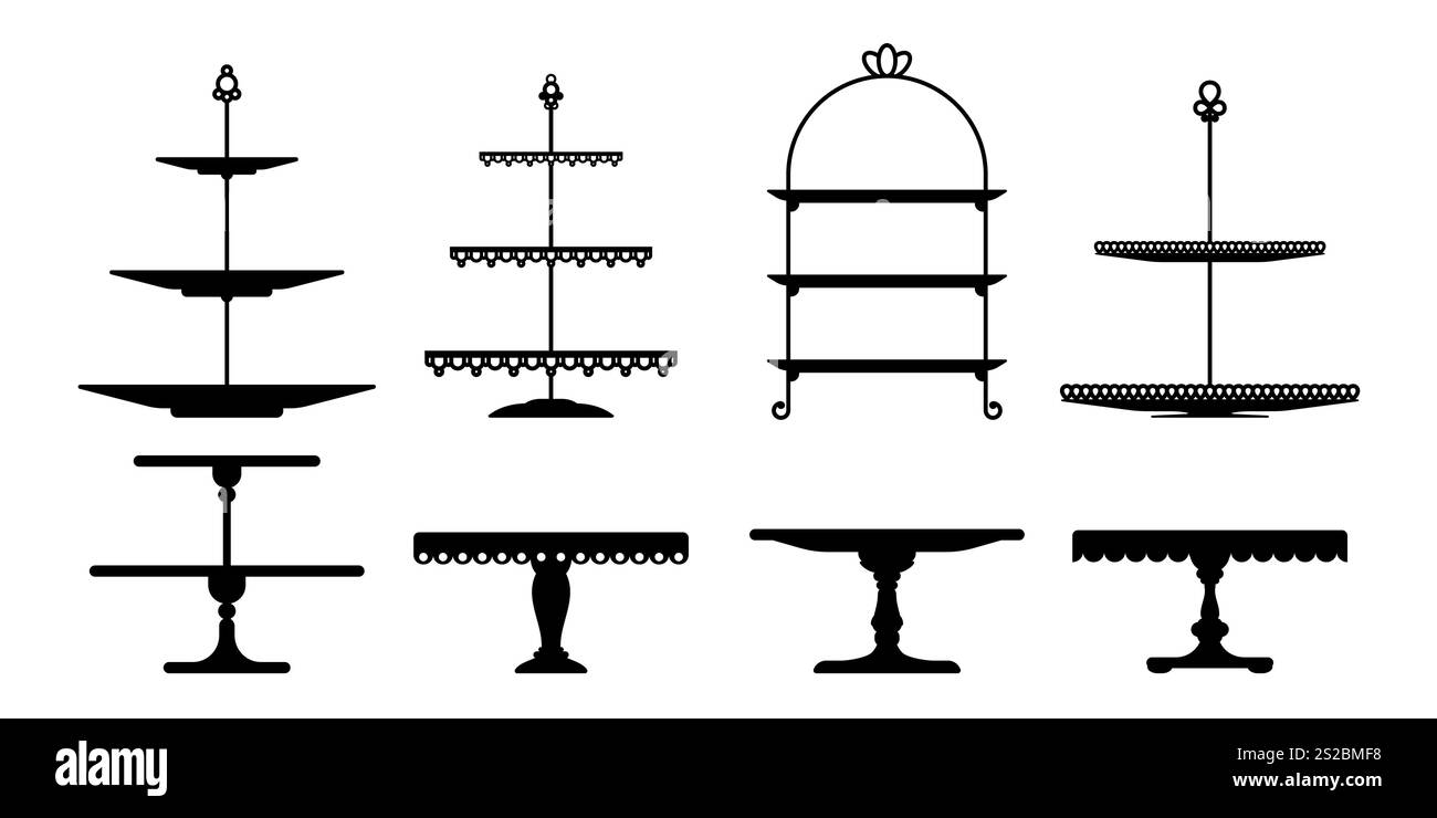 Piatto di torte o torte, piedistallo e vassoio sagomati. Set vettoriale di eleganti tavoli monocromatici neri o piatti da tè per mostrare frutta e dessert durante eventi festivi, celebrazioni e cerimonie nuziali Illustrazione Vettoriale