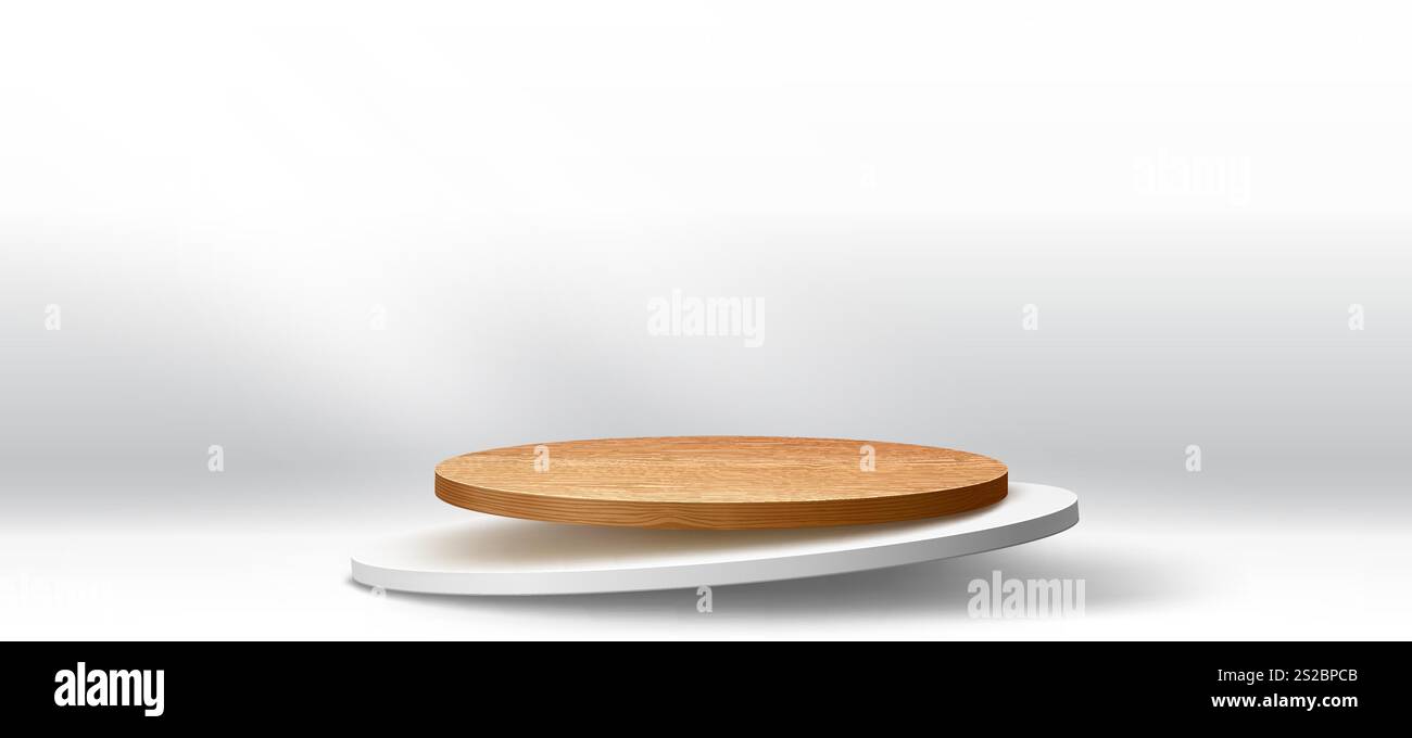 Palco rotondo in legno e bianco o vetrina per l'esposizione dei prodotti, piedistallo vettoriale. Palco in legno realistico e piattaforma rotonda bianca che si solleva in aria per l'esposizione e il mock-up della vetrina Illustrazione Vettoriale