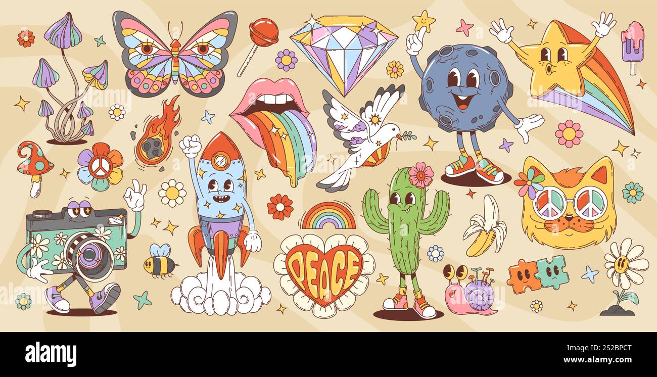 personaggi da cartoni animati retrò anni 80 '70 e simboli hippie. Vettoriale divertente fiore, farfalla, arcobaleno e farfalla, stella e gatto in occhiali da sole. Simbolo di pace psichedelico, margherita e puzzle Illustrazione Vettoriale