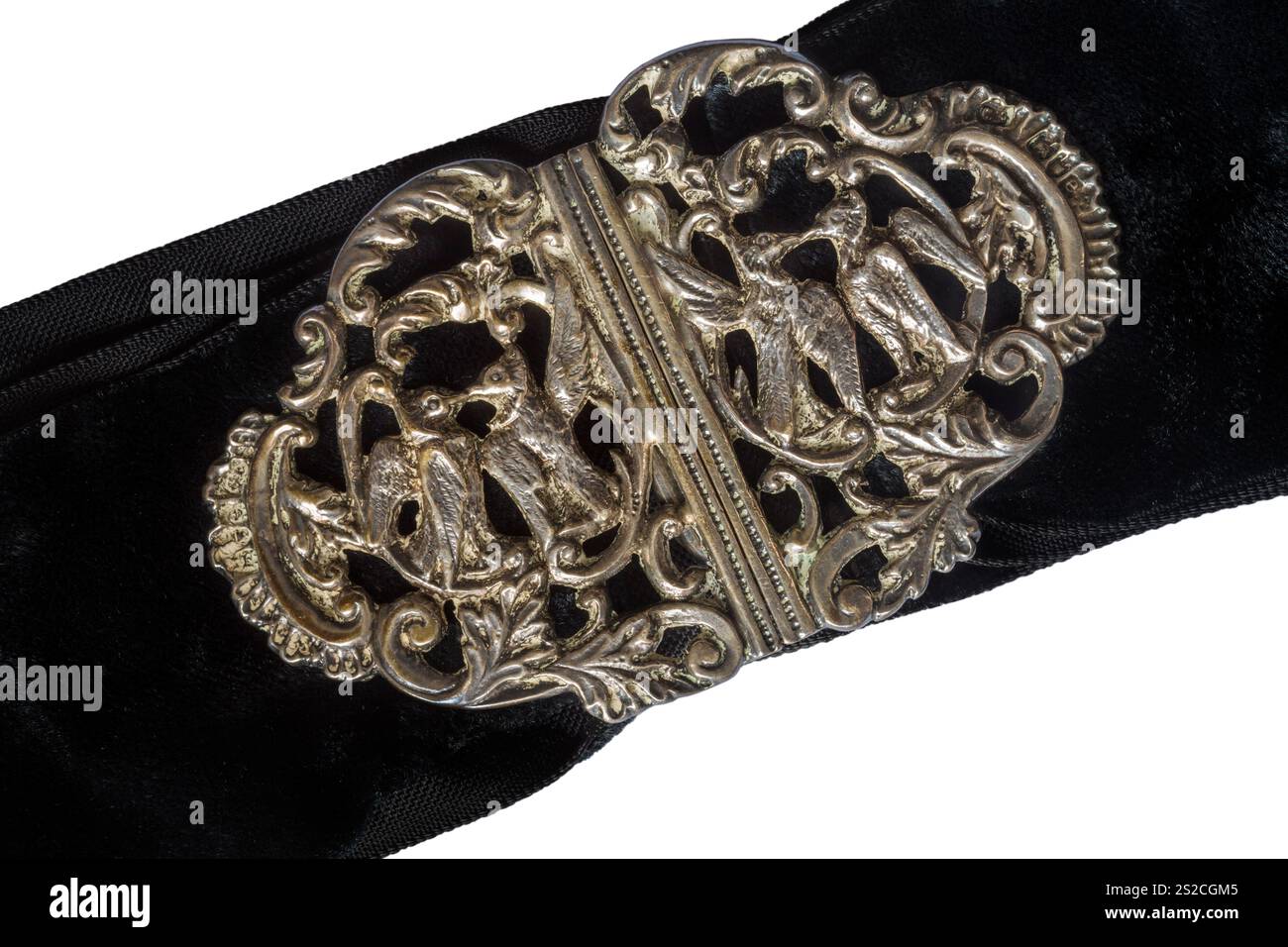 fibbia decorativa della cintura per infermieri con uccelli su sfondo bianco Foto Stock