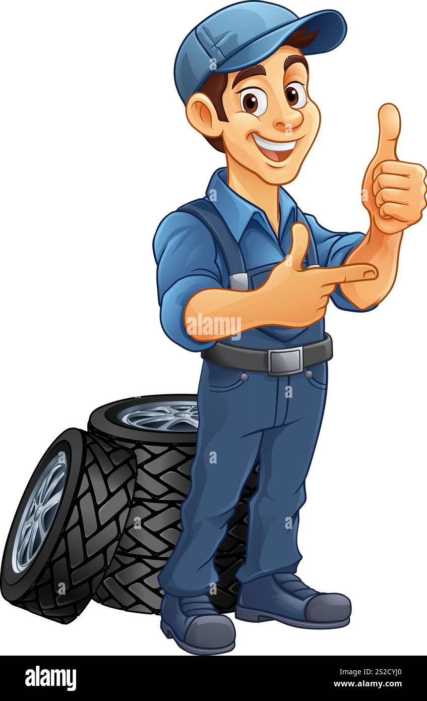 Pneumatico pneumatico meccanico per l'assistenza auto Mascotte Cartoon Man Illustrazione Vettoriale