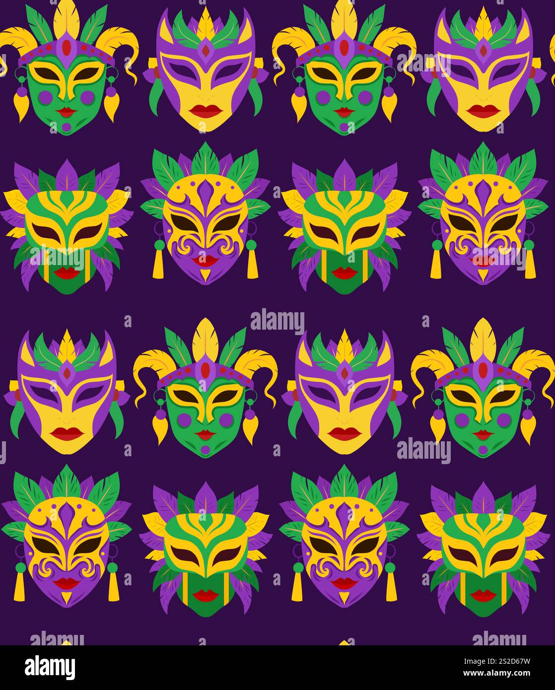 Motivo vettoriale senza cuciture con maschere mardi gras in stile piatto su sfondo viola. martedì grasso sullo sfondo. Texture con maschere colorate per il carnevale Illustrazione Vettoriale