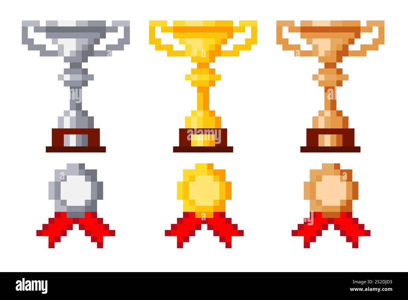 Premio pixel. Calice d'oro. Coppe in argento e bronzo. sprite a 8 bit. Medaglie dei vincitori. Risorse per videogiochi retrò. Premio app mobile. Trofeo della vittoria. Miglior gam Illustrazione Vettoriale