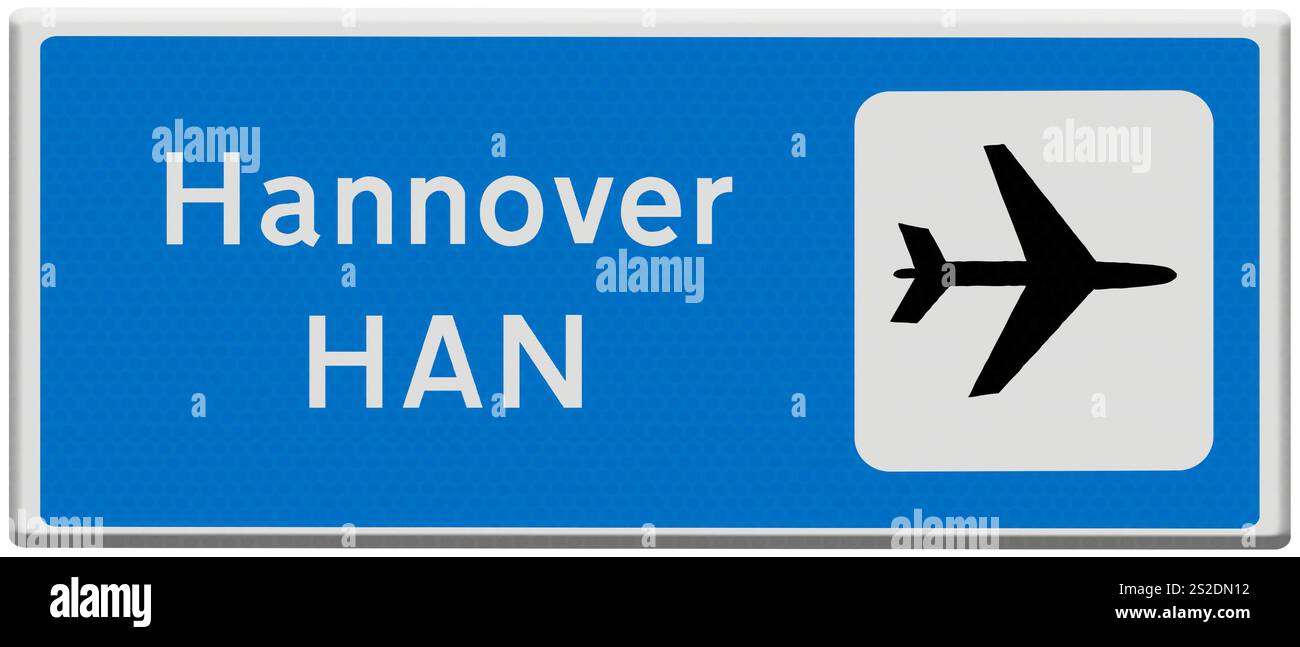 Composito digitale. Segnaletica stradale per l'aeroporto HAN di Hannover, uno dei dieci aeroporti più trafficati della Germania per quanto riguarda il numero di passeggeri. Verkehrszeichen für den Flughafen Hannover HAN, einer der zehn passagierstärksten Flughäfen Deutschlands. tedesco Foto Stock