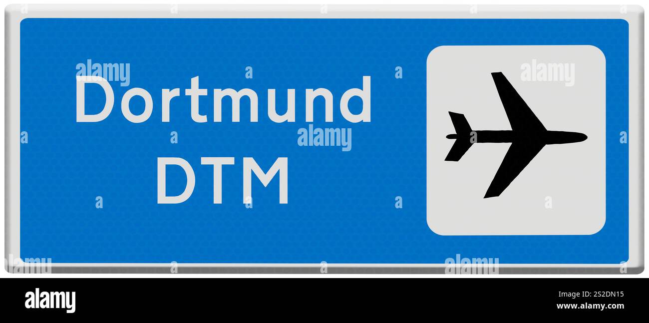 Composito digitale. Segnaletica stradale per l'aeroporto Dortmund DTM, uno dei dieci aeroporti più trafficati della Germania per quanto riguarda il numero di passeggeri. Verkehrszeichen für den Dortmunder DTM-Flughafen, einer der zehn Flughäfen mit dem höchsten Passagieraufkommen in Deutschland. tedesco Foto Stock