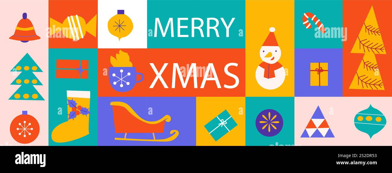 Colorato e allegro design natalizio con icone delle festività natalizie. Illustrazione Vettoriale