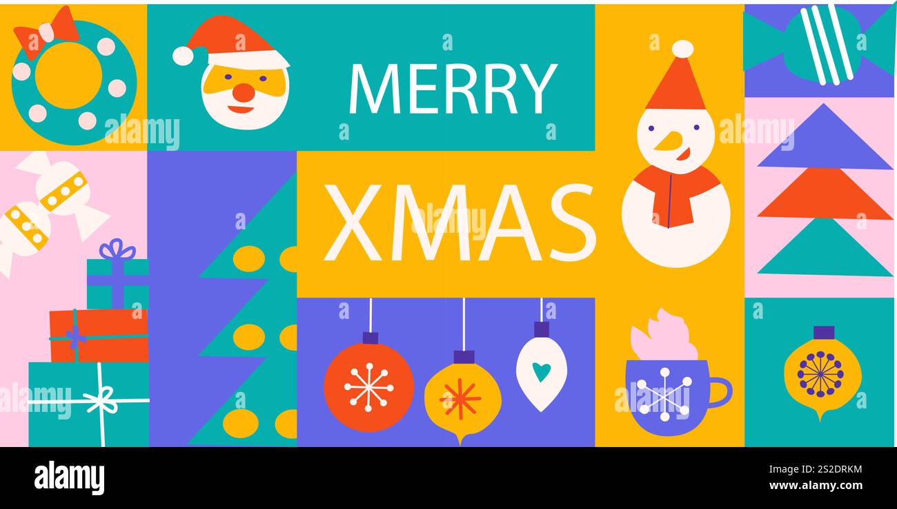 Colorato e allegro design natalizio con icone natalizie e festeggiamenti natalizi. Illustrazione Vettoriale
