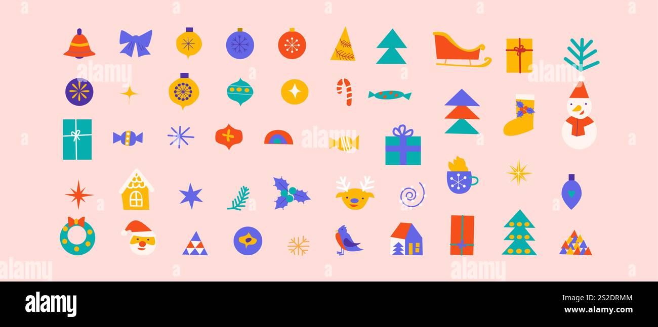 Collezione di icone delle festività natalizie: Ornamenti, alberi e regali su sfondo pastello. Illustrazione Vettoriale