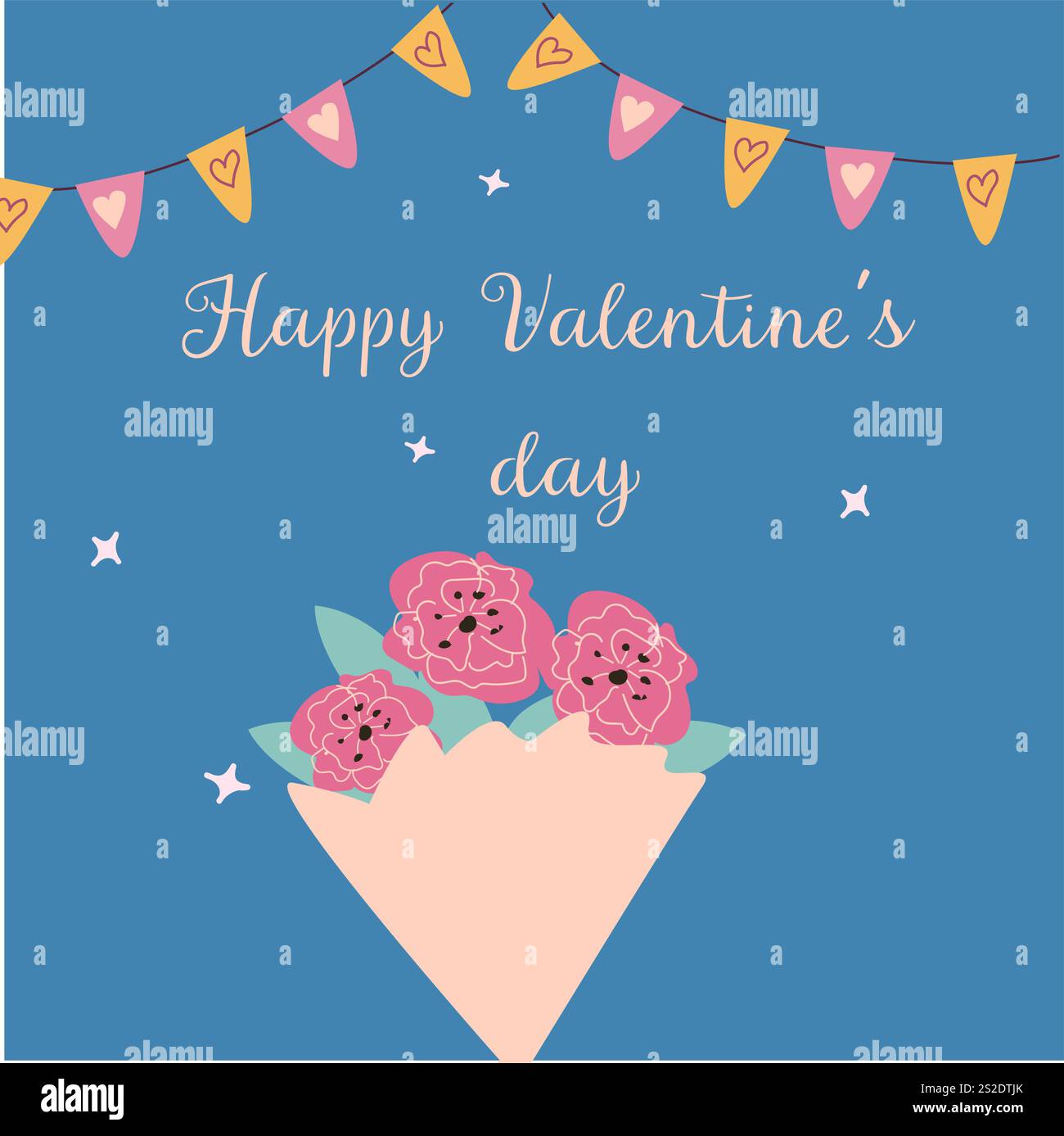 Tessera di san valentino con bouquet floreale e cuori su sfondo blu. Illustrazione Vettoriale