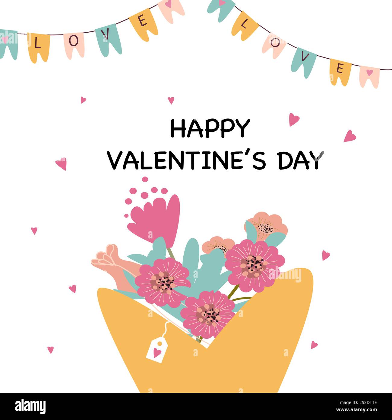 Buon bouquet floreale di san valentino con amore garland e cuori. Illustrazione Vettoriale