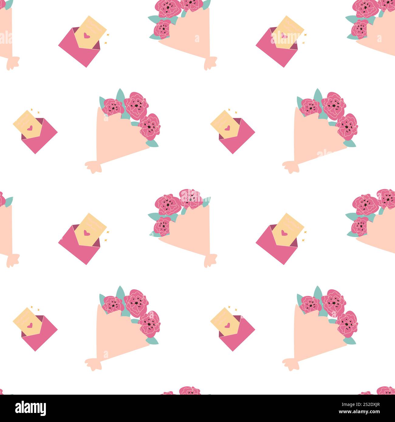 Motivo floreale e a busta senza cuciture con rose rosa su sfondo bianco. Illustrazione Vettoriale