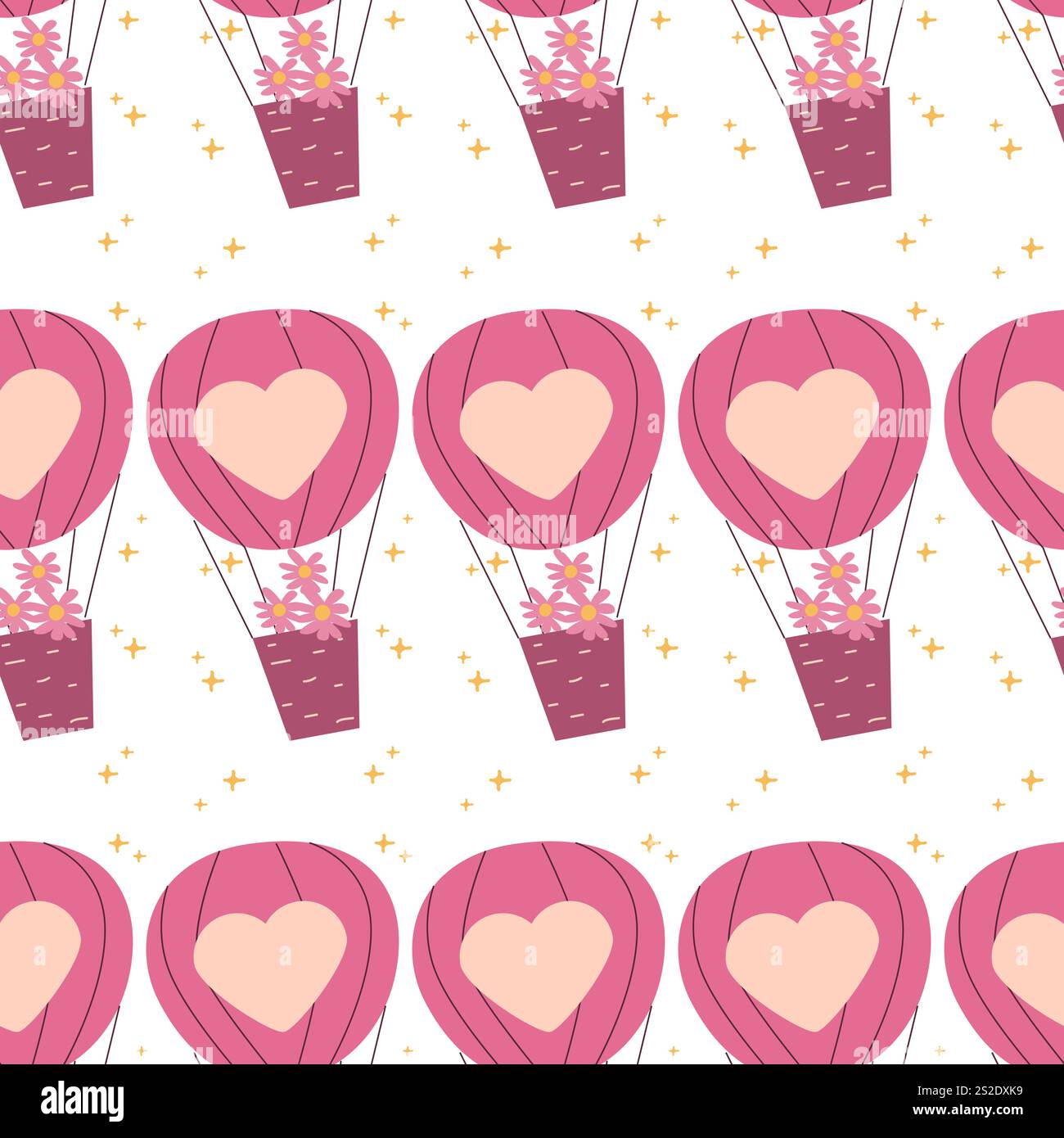 Motivo a palloncino ad aria calda con cuore rosa e dettagli floreali. Illustrazione Vettoriale