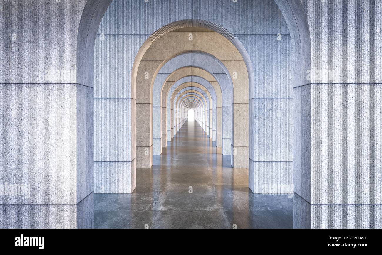 Lungo corridoio con archi e moderno sfondo in cemento 3d. Foto Stock