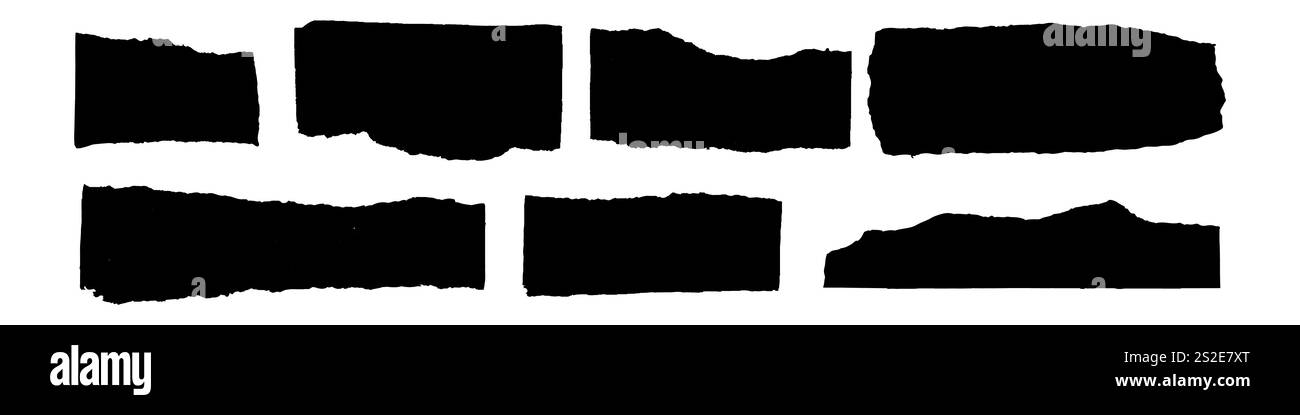 Frammenti di nastro di carta, nastri neri oblunghi, adesivi vintage con silhouette strappata, illustrazione vettoriale Illustrazione Vettoriale