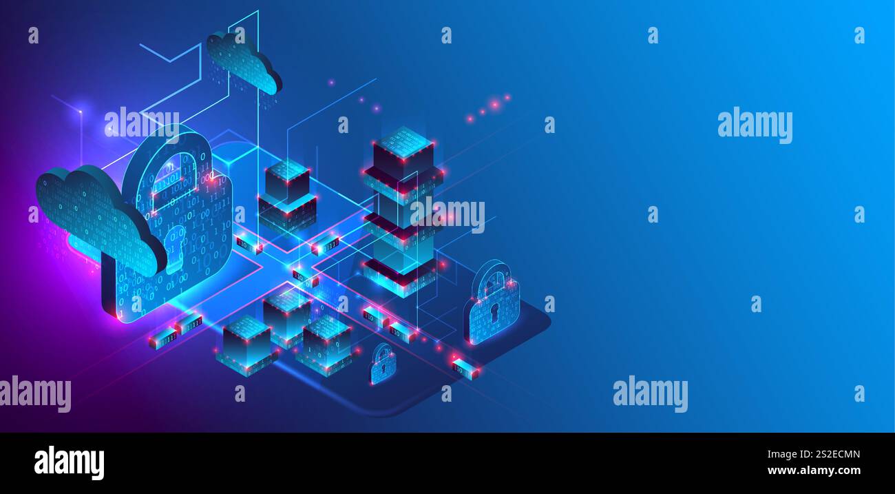 Protezione dei dati. Immagine isometrica di uno smartphone con un'immagine di un lucchetto e vari elementi tecnologici. Illustrazione Vettoriale