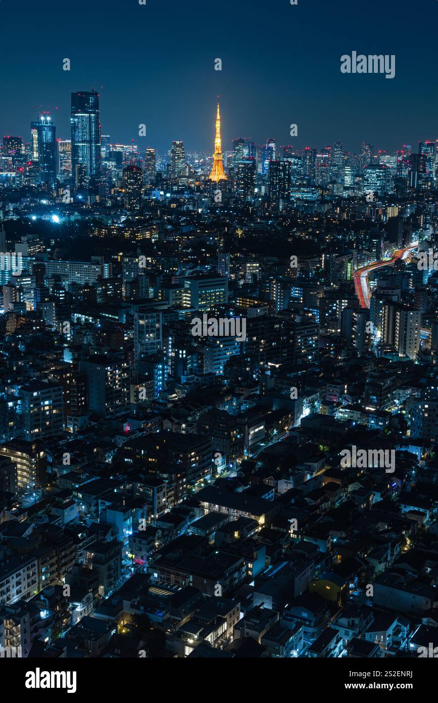 Vista notturna di Tokyo e della Tokyo Tower dallo Sky lounge della Ebisu Garden Place Tower a Shibuya-ku, Tokyo, Giappone Foto Stock