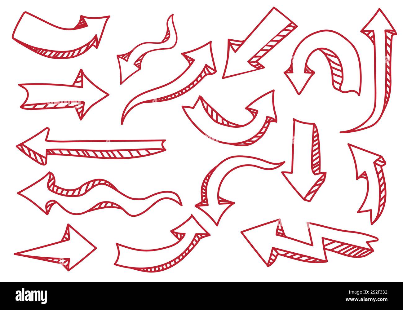 Serie di frecce disegnate a mano isolate su sfondo bianco. Illustrazione Vettoriale