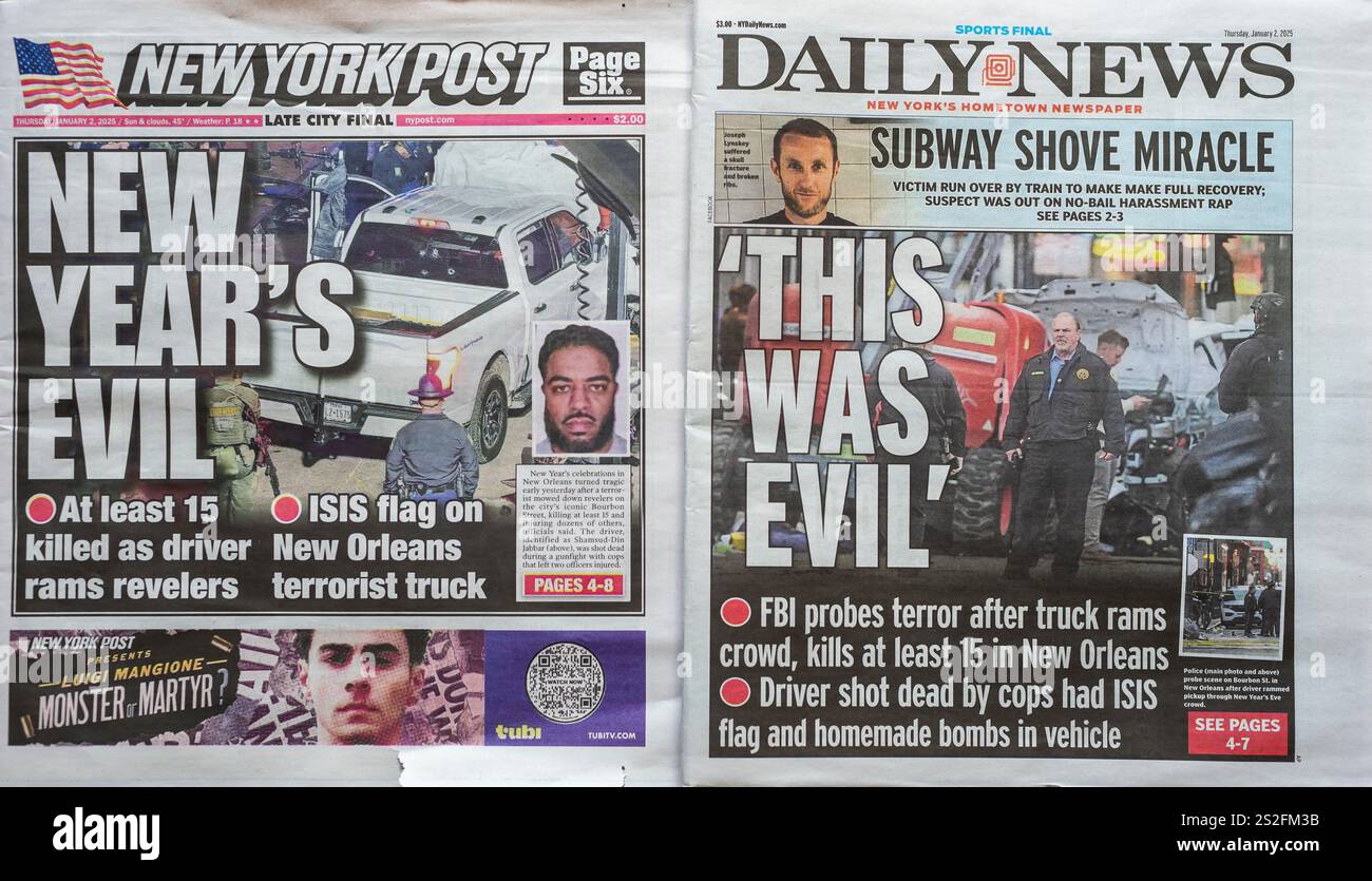 Le prime pagine dei giornali New York Daily News and Post di giovedì 2 gennaio 2025 usano titoli simili per riferire sulla carneficina di Capodanno a New Orleans dopo che il conducente di un veicolo, presumibilmente il defunto Shamsud-DIN Jabbar, ha investito folle su Bourbon Street (© Richard B. Levine) Foto Stock