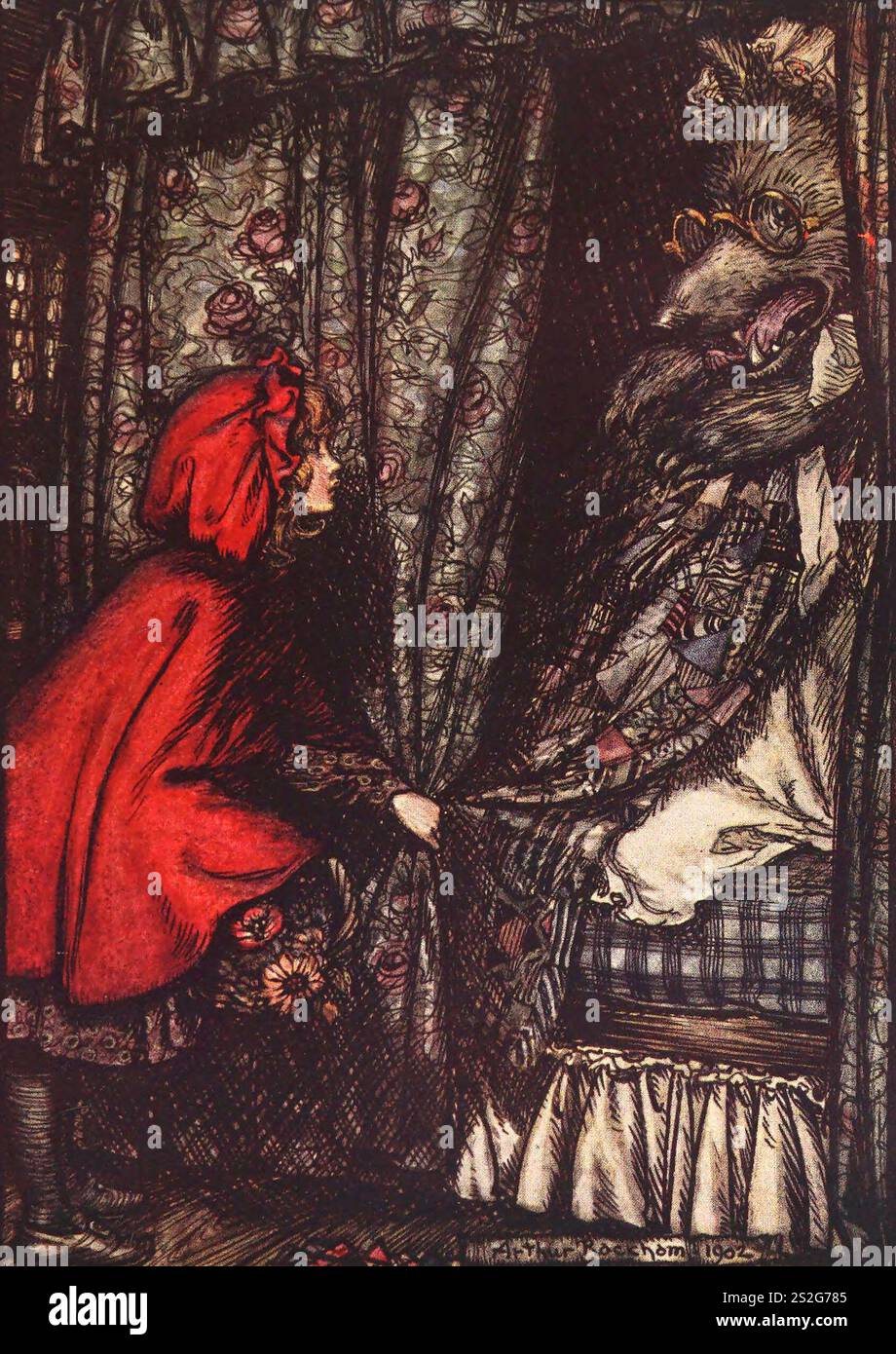 Oh nonna, che occhi teneri hai, scena di Cappucccetto Rosso, Arthur Rackham Foto Stock