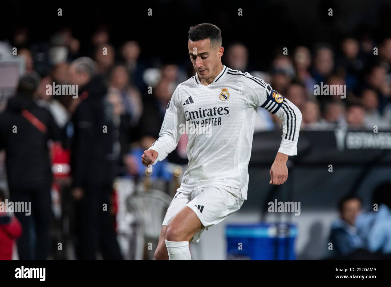 Lucas Vázquez Iglesias, giocatore spagnolo del Real Madrid, difende con Kylian Mbappé dopo aver segnato un gol durante la partita, CD Minera vs Real Madrid Match R Foto Stock