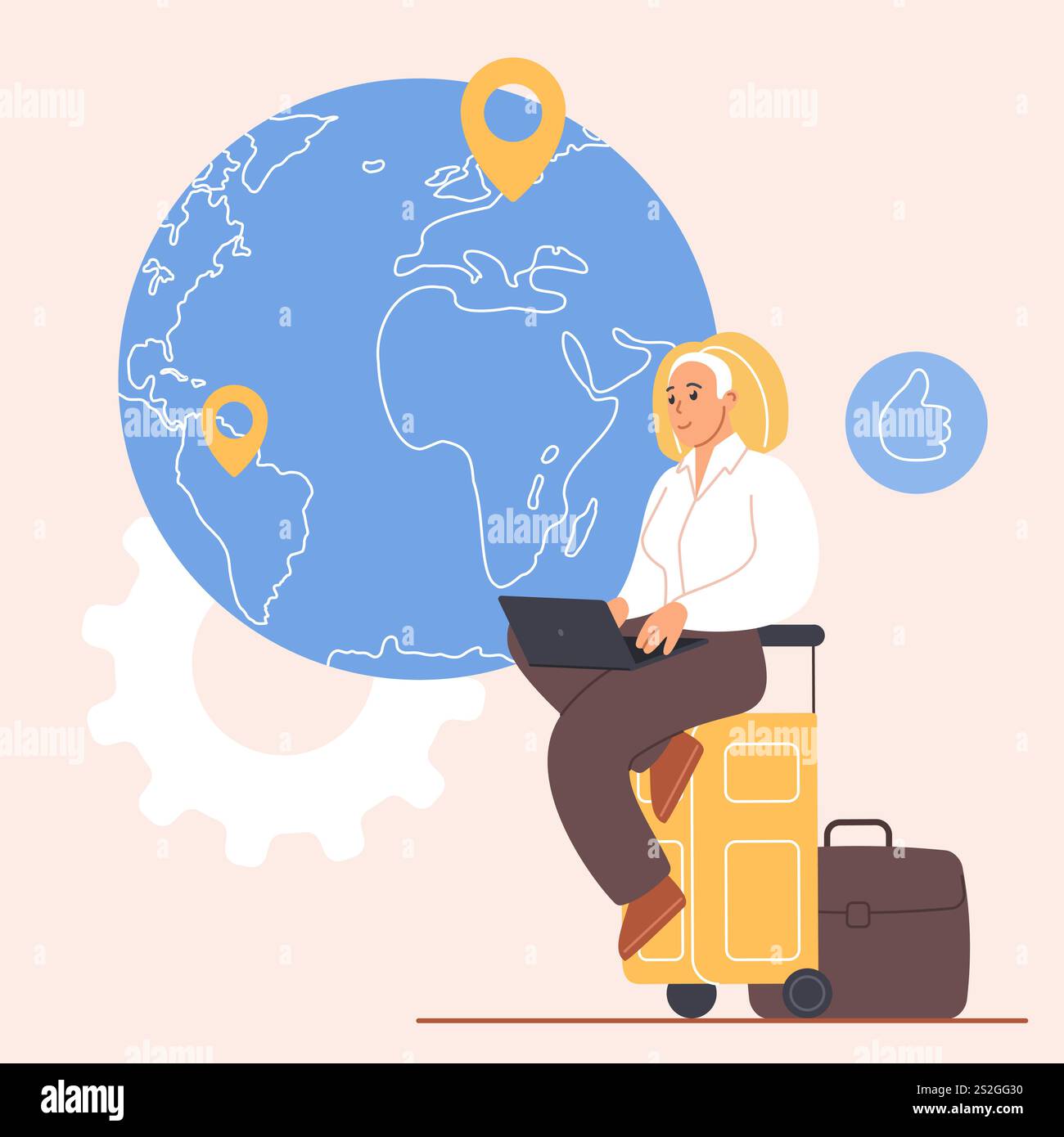 Servizio di ricerca di lavoro in paesi stranieri, supporto all'immigrazione, occupazione globale e lavoro. Una piccola donna seduta con un laptop sulla valigia di una mappa del mondo grande con illustrazione vettoriale del cartoni animati di trasferimento Illustrazione Vettoriale