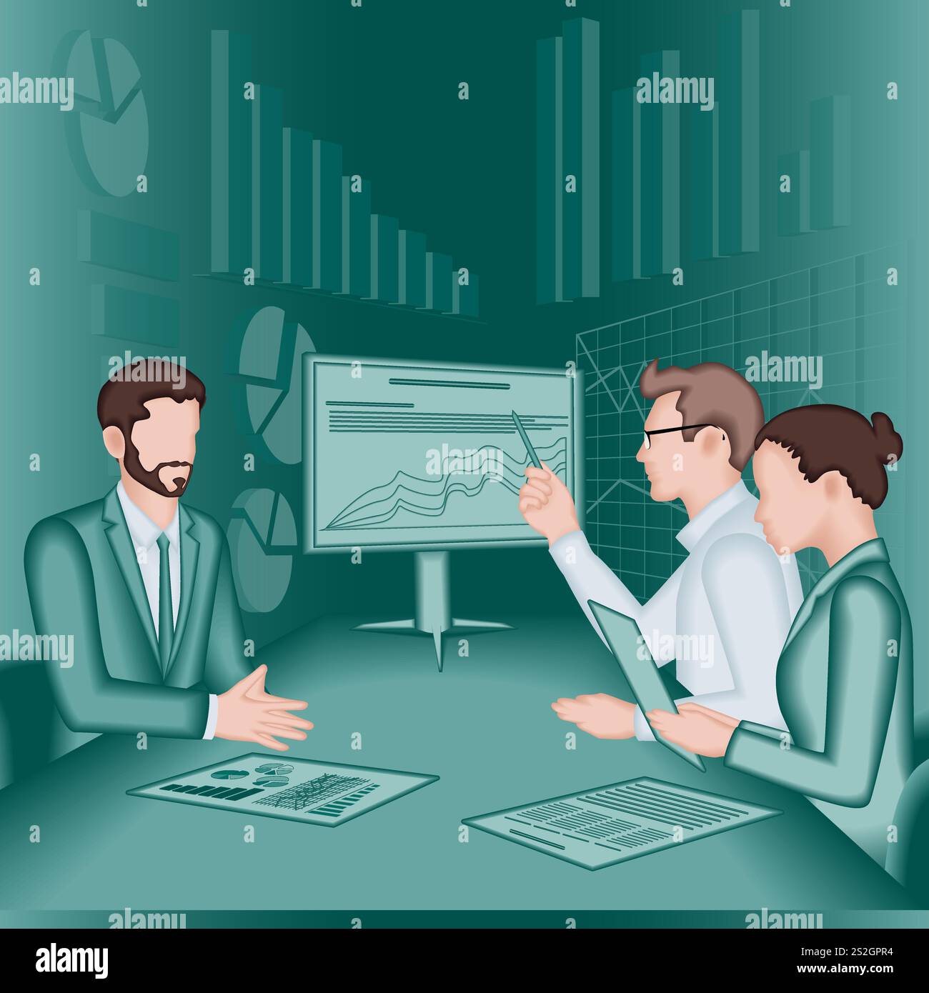 Un gruppo di persone conduce colloqui con le parti interessate per identificare e comprendere i problemi del processo decisionale. Illustrazione vettoriale 2D. Illustrazione Vettoriale