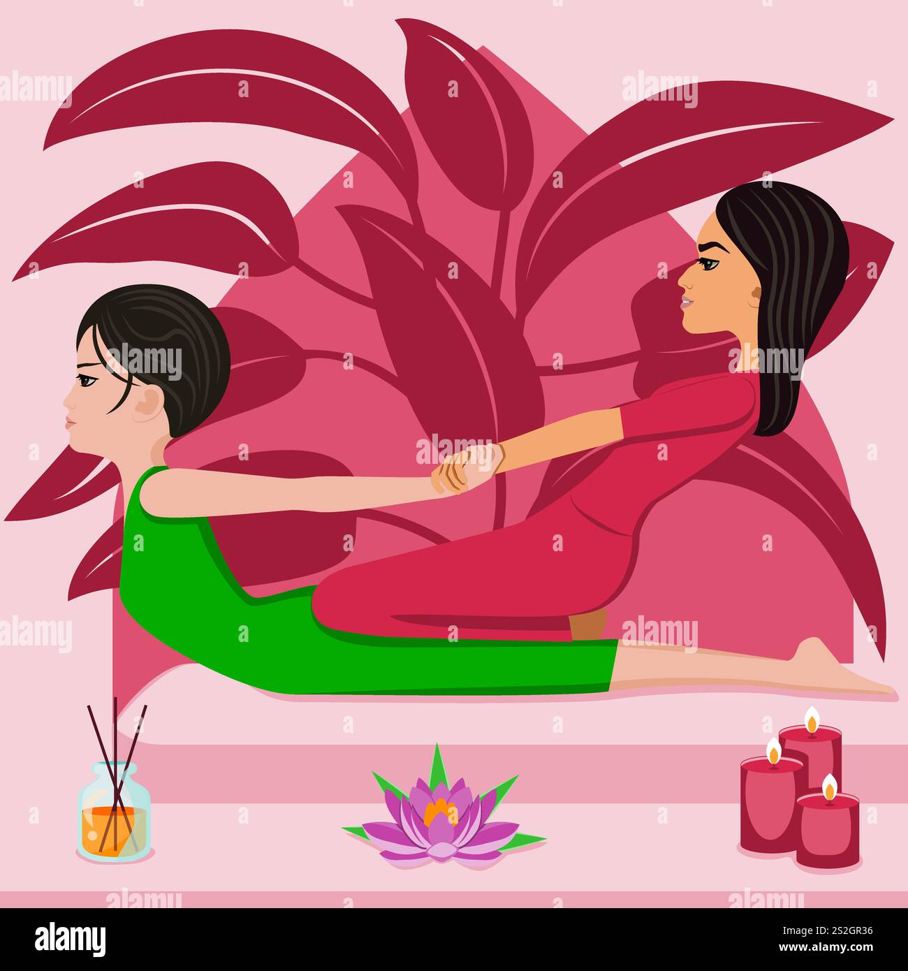 Massaggio tailandese. Terapia e trattamento da parte di terapisti professionisti nella SPA. Illustrazione del vettore piatto isolato. Etnia orientale e asiatica. Illustrazione Vettoriale