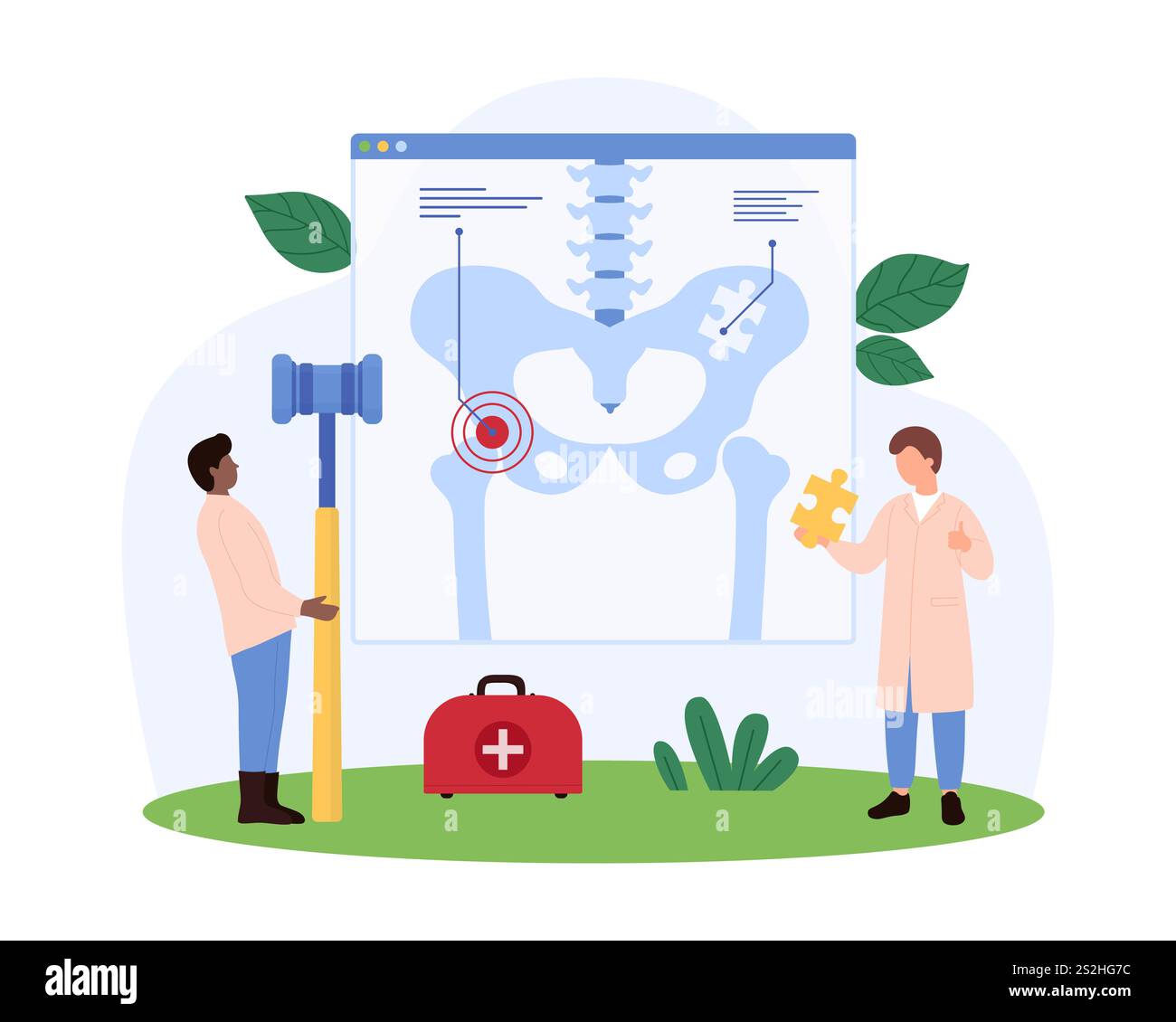 Gli specialisti ortopedici analizzano i raggi X dell'articolazione dell'anca, utilizzando un grande pezzo di puzzle e un mazzuolo. Kit di pronto soccorso e grafico anatomico, incentrato sulla diagnosi medica e sull'illustrazione del vettore di trattamento Illustrazione Vettoriale