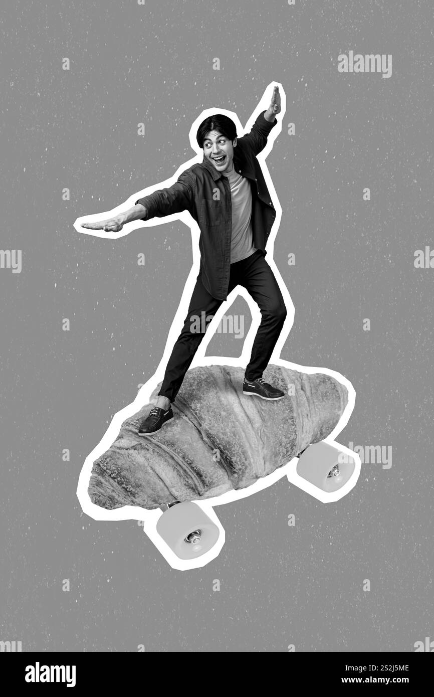 Foto collage fumetti fumetti fumetti schizzo immagine di divertente ragazzo funky equitazione croissant skate avere divertente sfondo isolato disegno Foto Stock