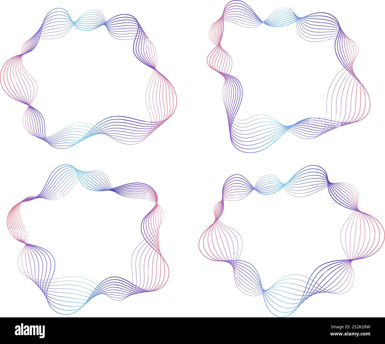 Set di cornici ondulate astratte, bordi colorati e scorrevoli isolati sul bianco. Illustrazione Vettoriale
