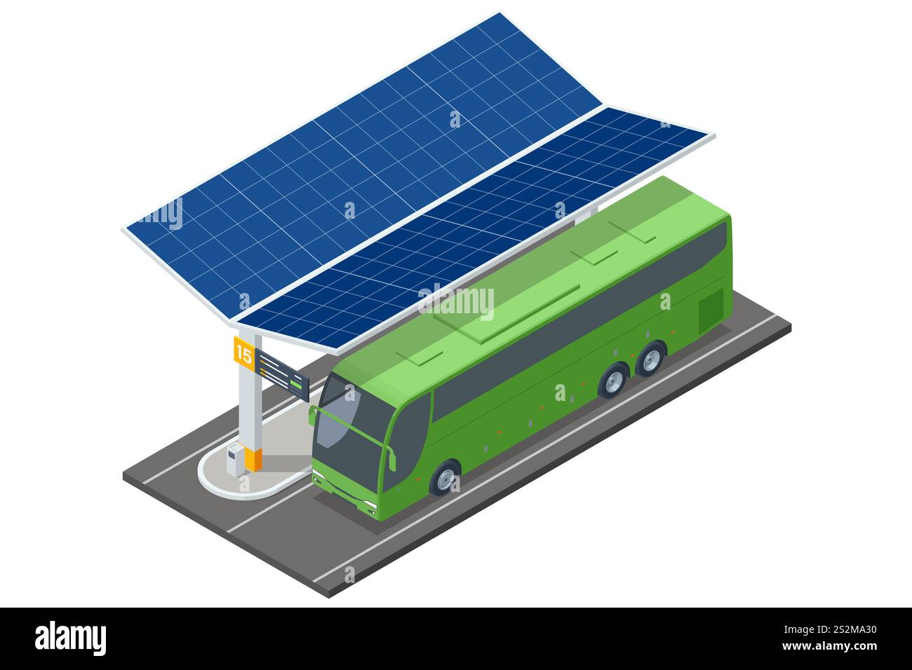 Illustrazione vettoriale isometrica di una moderna stazione di ricarica per autobus con pannelli solari e un autobus verde a lunga distanza parcheggiato. Concetto di sostenibilità Illustrazione Vettoriale