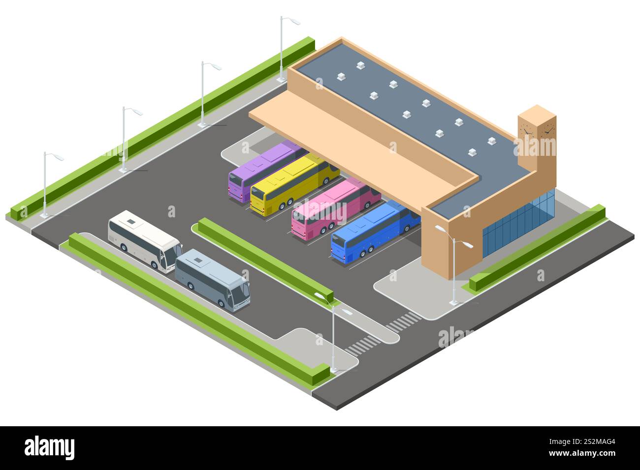 Vettore isometrico che mostra un grande terminal degli autobus con autobus multicolore, aree di parcheggio e un edificio moderno. Rappresenta l'intercity e. Illustrazione Vettoriale
