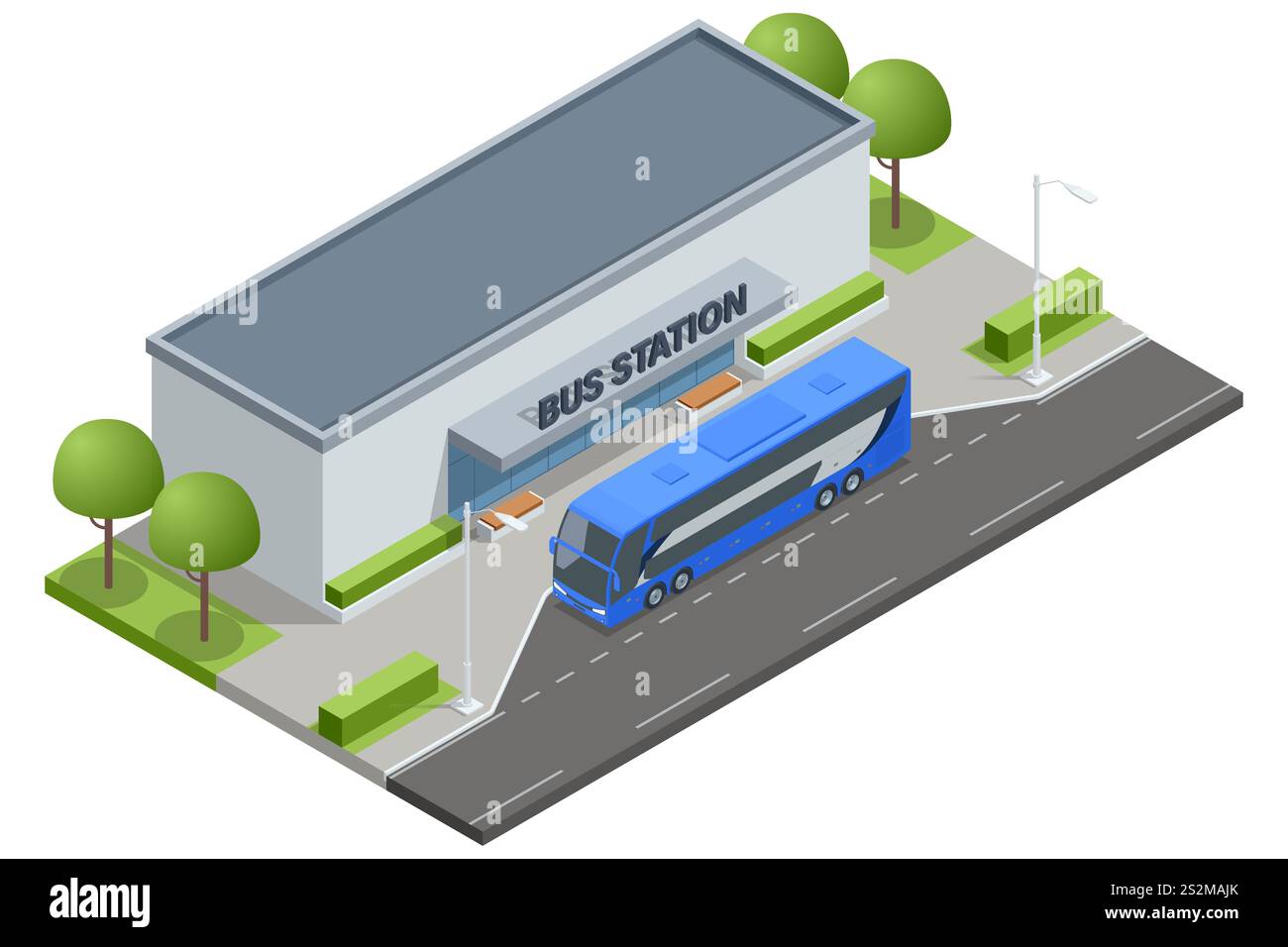 Vettore isometrico di una piccola stazione degli autobus etichettata stazione degli autobus con un autobus blu parcheggiato fuori e il verde circostante. Rappresenta l'area urbana e interurbana Illustrazione Vettoriale