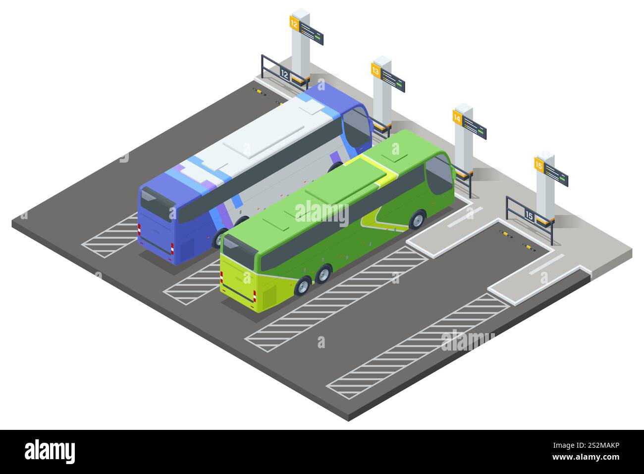 Vettore isometrico di due autobus interurbani parcheggiati in una moderna stazione degli autobus con corsie designate e cartelli orari. Concetto di organizzazione ed efficienza Illustrazione Vettoriale