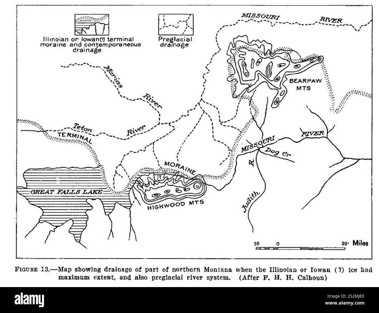 Fig 12 Mappa che mostra il drenaggio di parte del Montana settentrionale quando il ghiaccio Illinoisan o Iowan è al massimo livello. Foto Stock