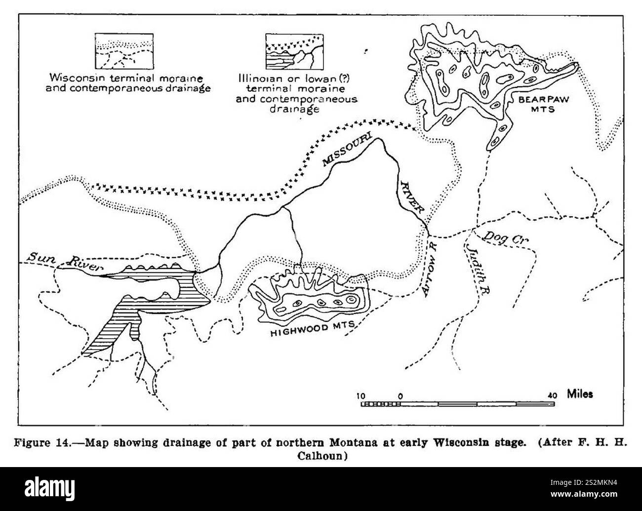 Fig 14 Mappa che mostra il drenaggio di parte del Montana settentrionale nella fase iniziale di Wisc. Foto Stock