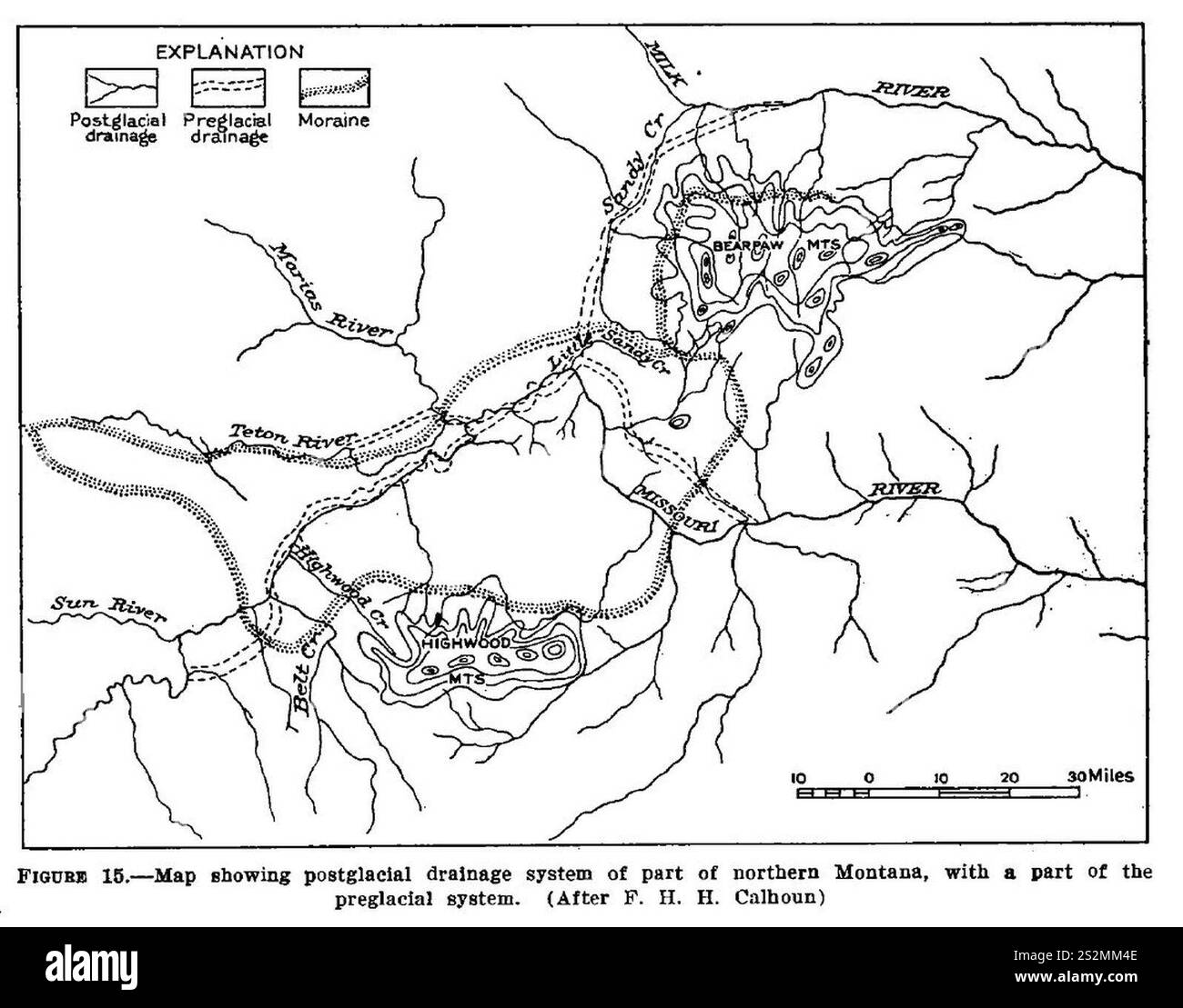 Fig 15 Mappa che mostra il sistema di drenaggio post-glaciale di parte del Montana settentrionale. Foto Stock