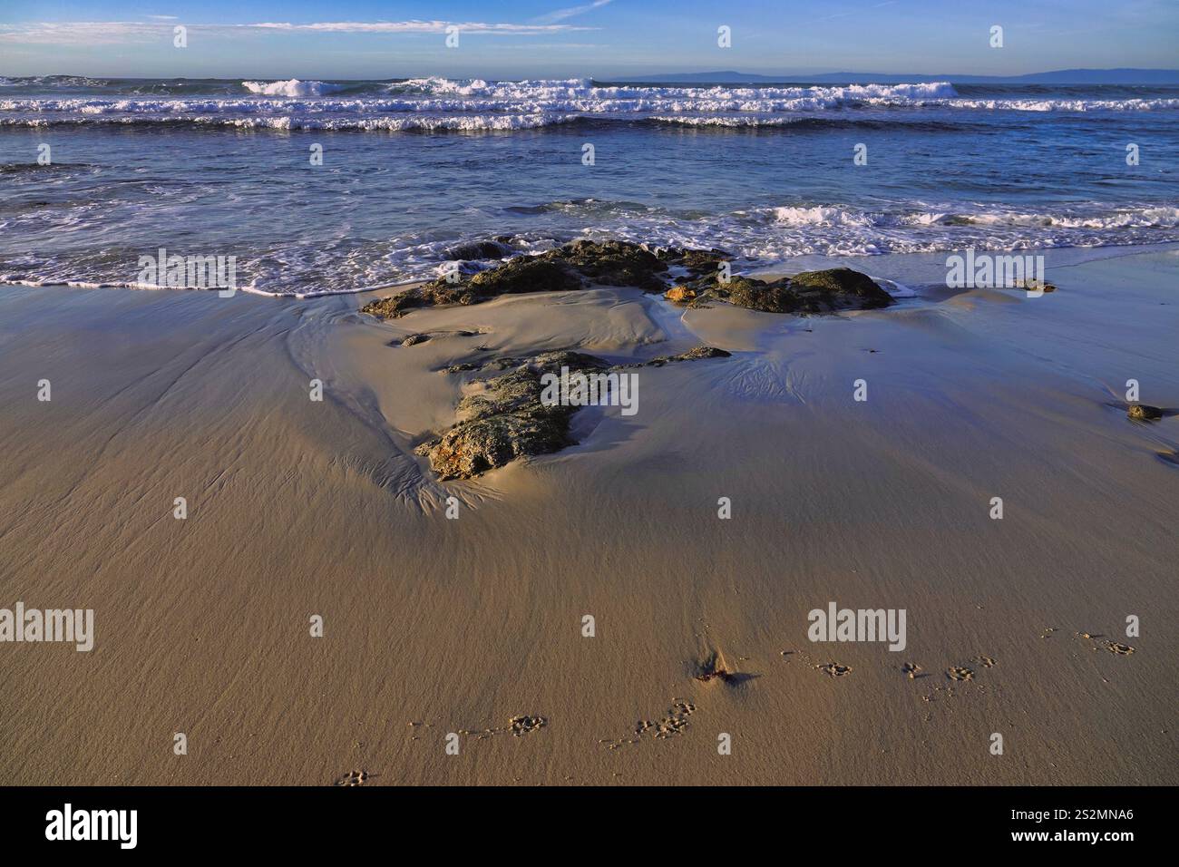 Pebble Beach, California, Stati Uniti. 6 gennaio 2025 le onde da surf dell'Oceano Pacifico si tuffano nella spiaggia di Asilomar, Monterey Penins Foto Stock