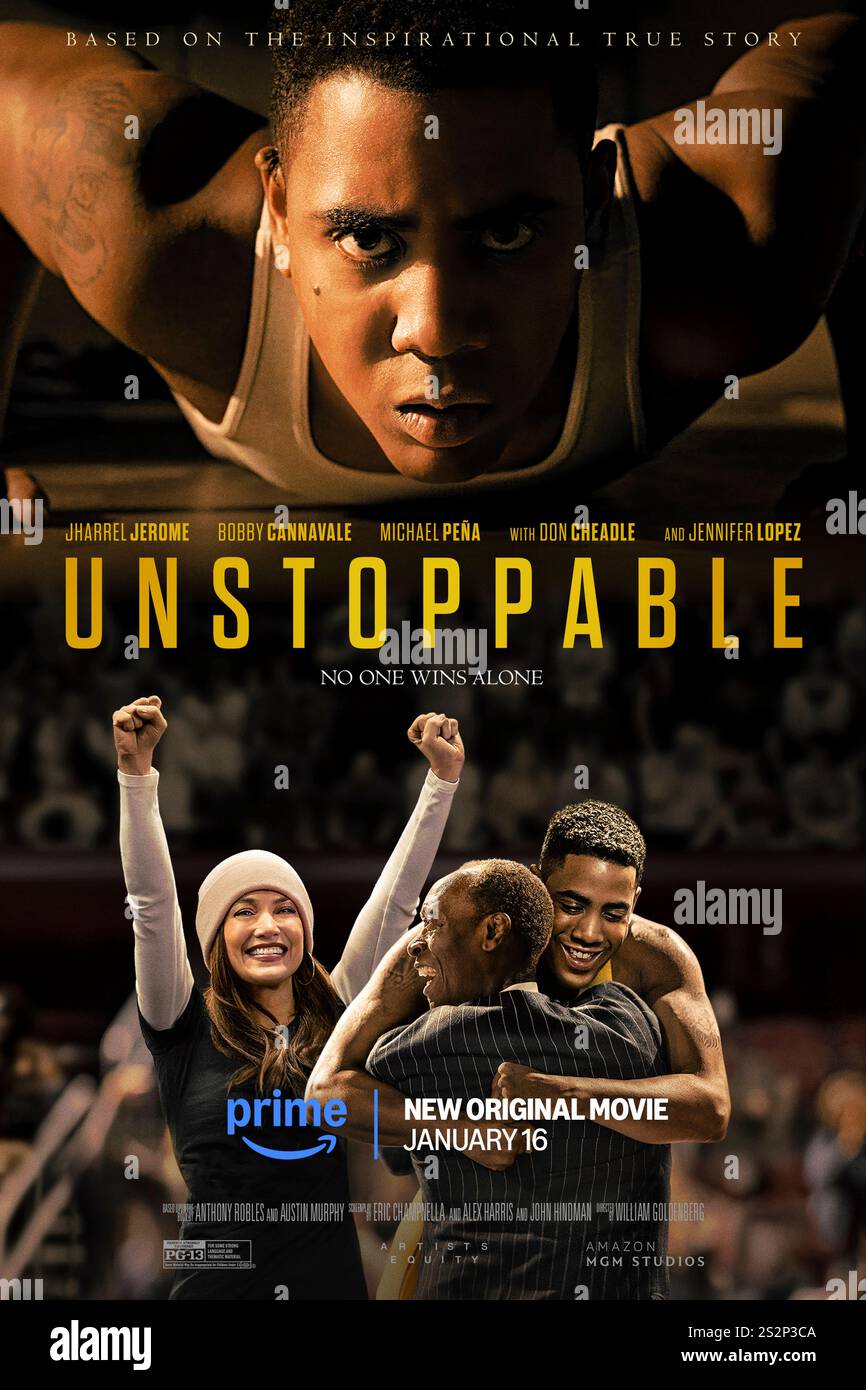 Unstoppable (2024) diretto da William Goldenberg e interpretato da Bobby Cannavale, Jennifer Lopez e Shawn Hatosy. Documentario autobiografic su Anthony Robles, nato con On leg, e poi campione di wrestling vincendo un campionato nazionale per Arizona State. Poster pubblicitario ***SOLO PER USO EDITORIALE***. Credito: BFA / Amazon MGM Studios Foto Stock