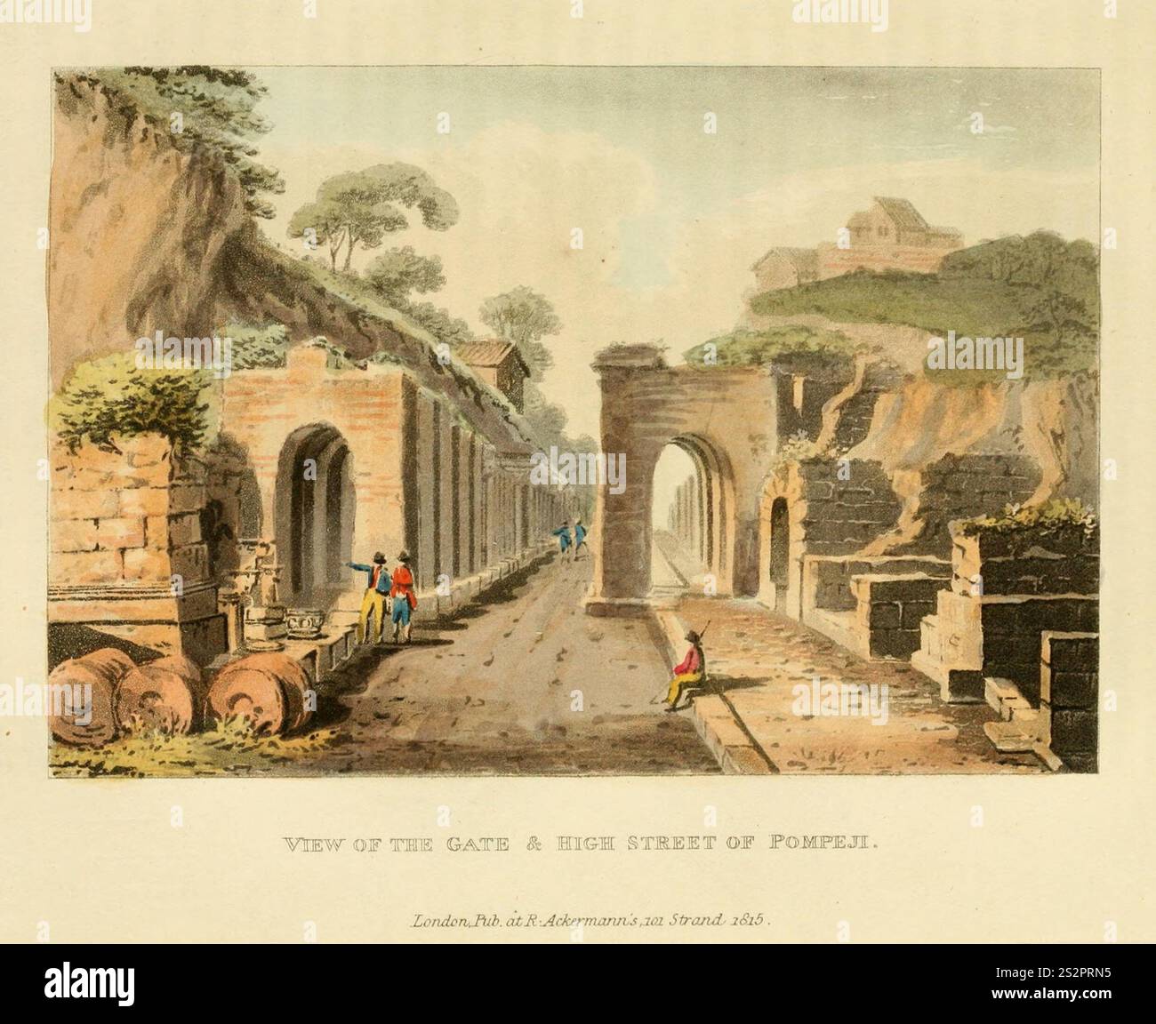 Vista della porta e della strada alta di Pompei. Illustrazione d'epoca delle rovine di Pompei, stampata negli anni '1800 Foto Stock