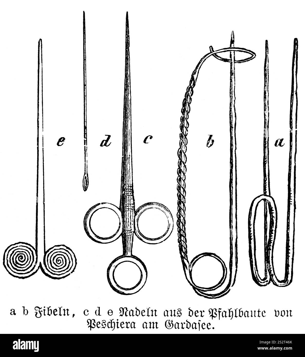 Gioielli provenienti dai reperti di Peschiera del Garda sul Lago di Garda ai tempi della cultura Terramare intorno al 1750-1150 a.C., Nord Italia, spille o spille Foto Stock