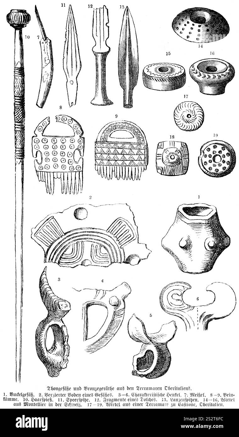 Vasi in argilla e bronzo, gioielli e frammenti provenienti da reperti della cultura di Terramare tra il 1750 e il 1150 a.C. circa, scalpello, punta di lancia, pugnale, forcellone, pettini, V Foto Stock