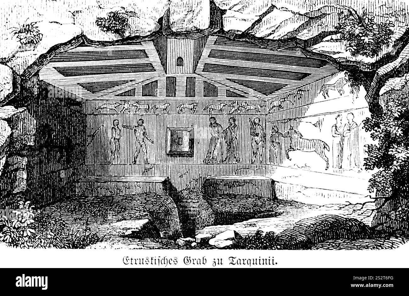Tomba etrusca a Tarquinia, come Tarquinii sotto il dominio romano, camera di sepoltura decorata con affreschi, importante sito archeologico etrusco, Worl UNESCO Foto Stock