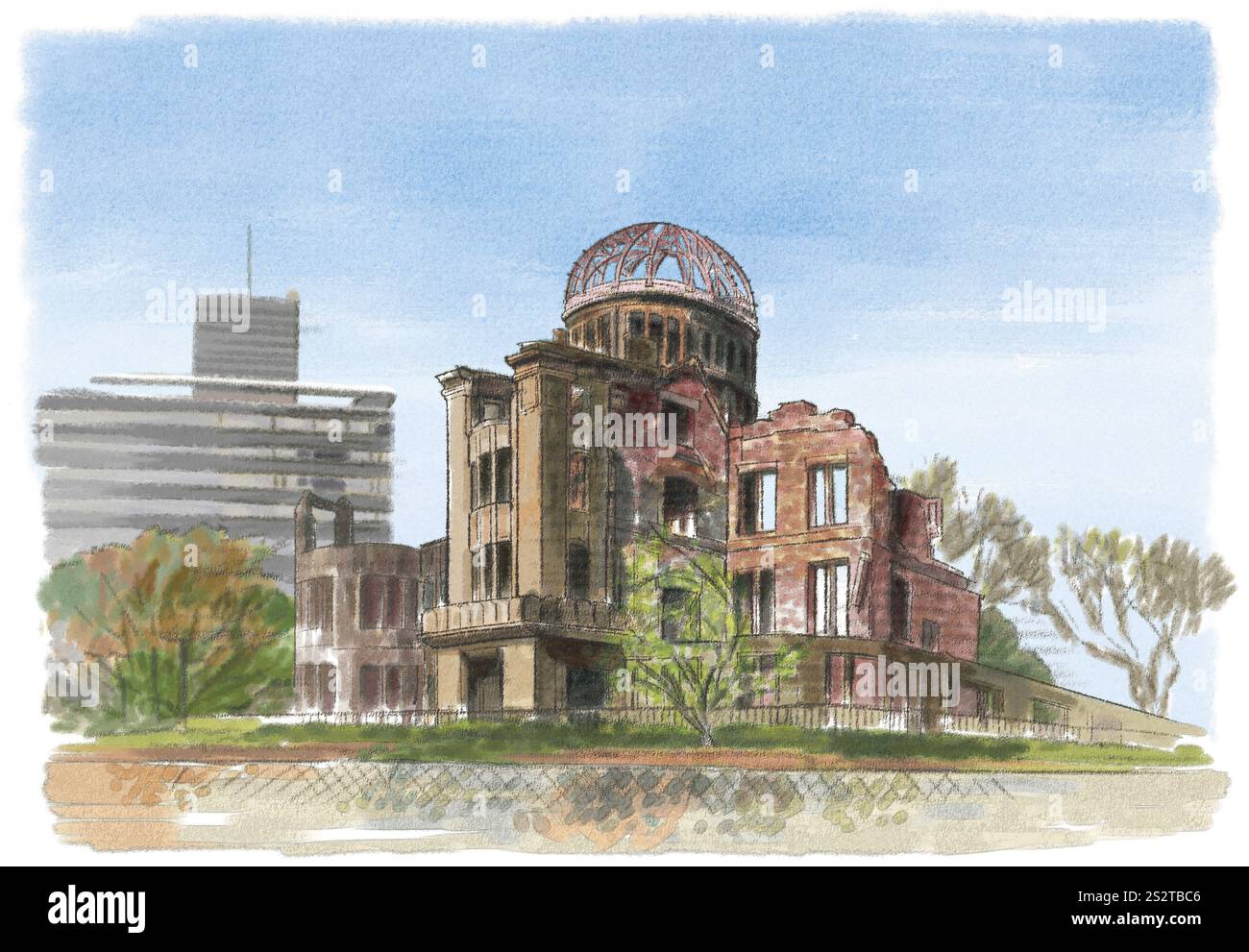 Atomic Bomb Dome con una grande presenza nel paesaggio urbano modernizzato Foto Stock