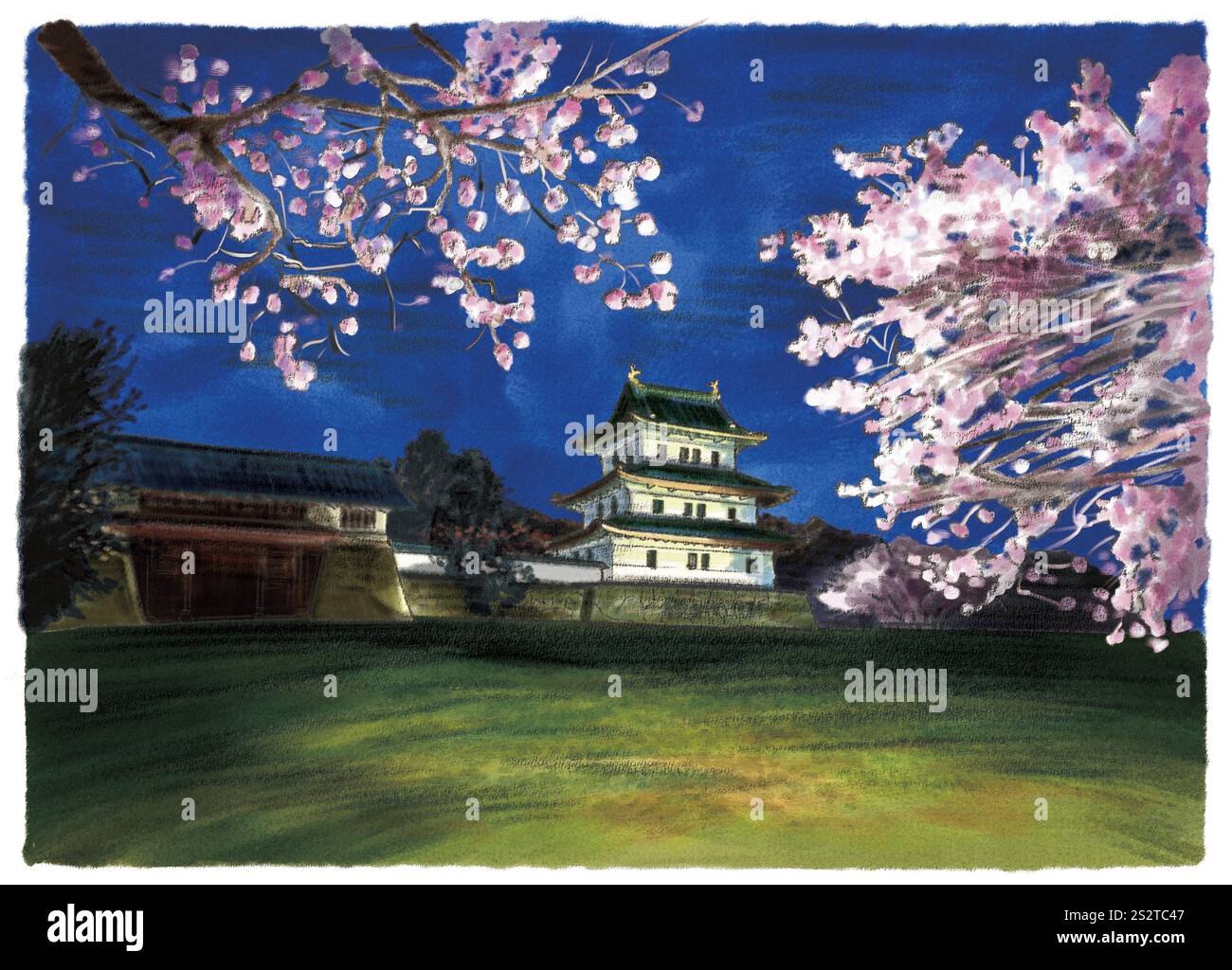 Fiori di ciliegio illuminati illusori e Castello di Matsumae Foto Stock